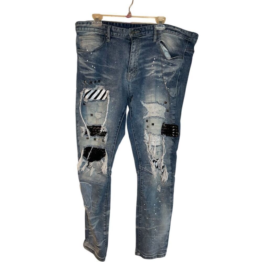 Smoke Rise Men's Distressed Splatter Paint Jeans Blue Size 40x32
